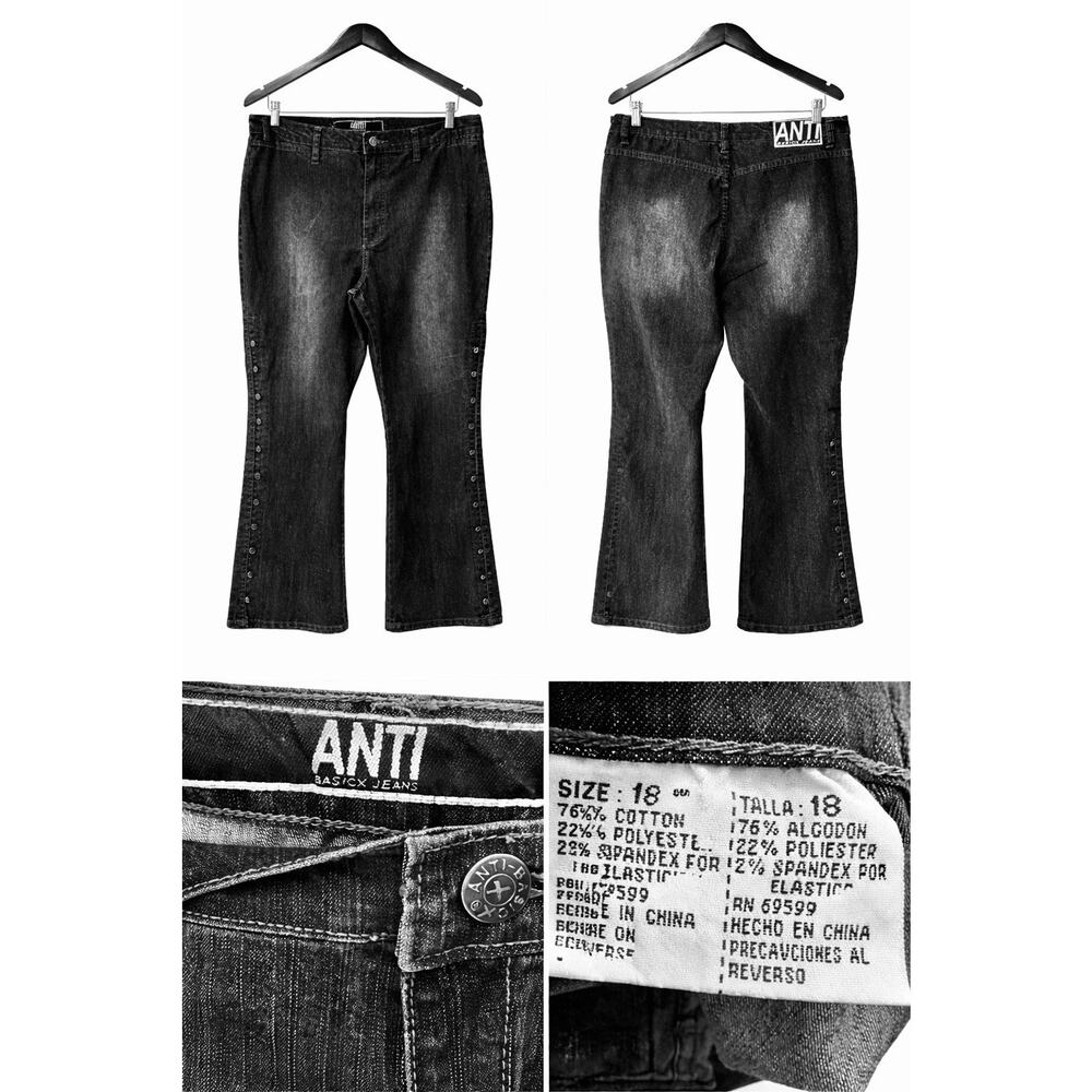 Y2K‎ Plus Size Jeans Sz 18 Button Up Sides Flare Black Distressed 2000s 35x32